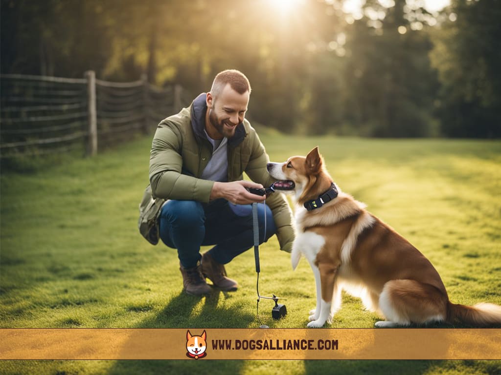 A dog owner installs a wireless fence: placing the transmitter, adjusting the boundary, and attaching the receiver to the dog's collar