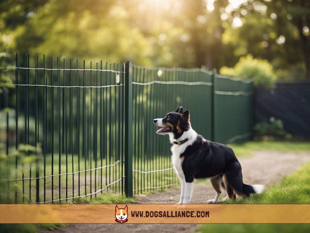 A dog stands in a yard, learning to respond to a wireless dog fence. The fence emits a signal, and the dog learns to stay within the designated area