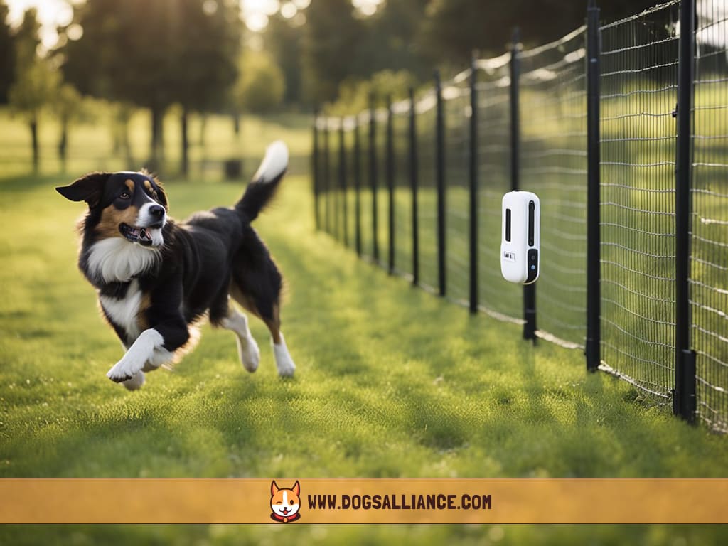 A hand holding a wireless dog fence transmitter, while another hand adjusts the signal strength. A dog runs freely inside the invisible fence perimeter, while the owner watches from a distance