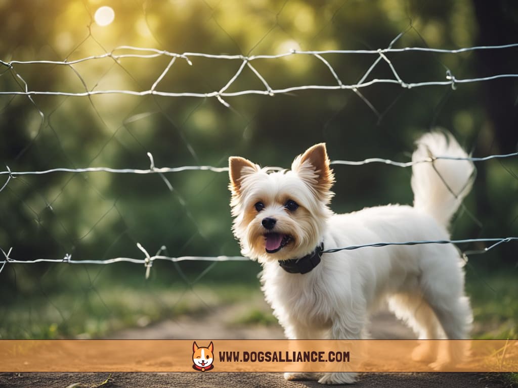 A small dog cautiously approaches different types of electric fences, considering their safety and effectiveness