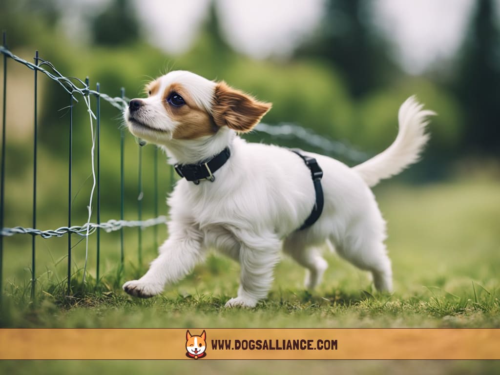 A small dog cautiously approaches an electric fence, sniffing and inspecting it with curiosity