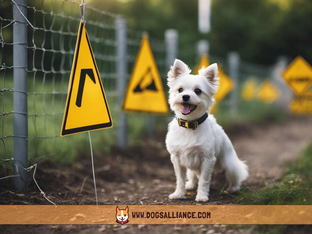 A small dog cautiously approaches an electric fence, with a concerned expression. The fence is surrounded by warning signs and safety precautions