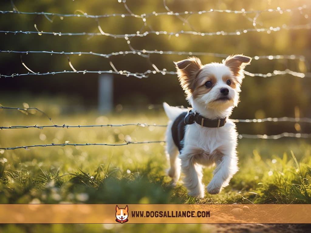 A small dog safely plays near an electric fence, with additional features and accessories visible in the background