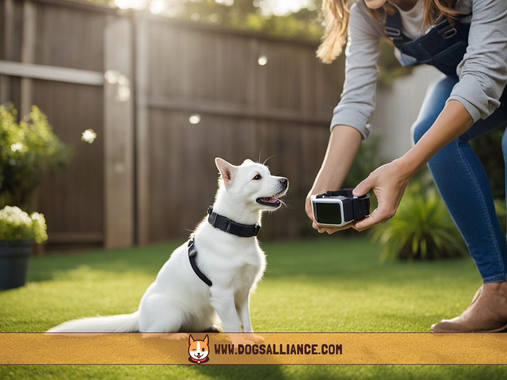A pet is learning to use a wireless pet containment system in a backyard. The pet is wearing a training collar and is being guided by its owner